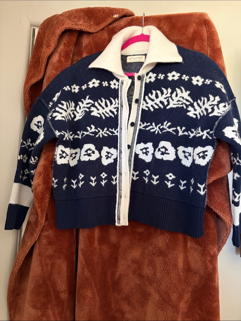 Free People Navy and White Floral Jacquard Button-Front Cardigan